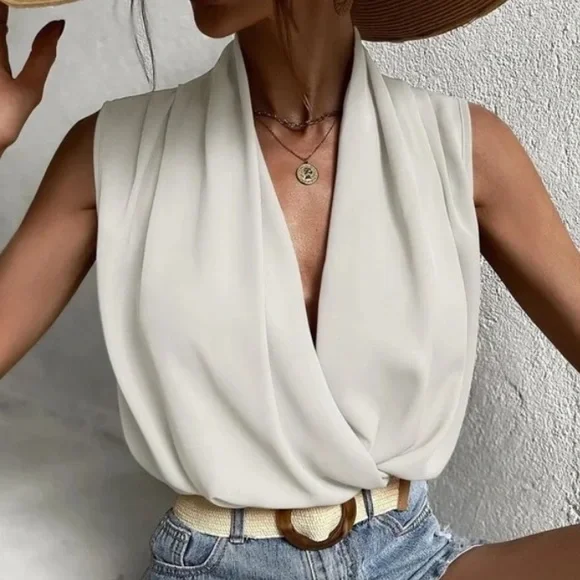 Luxe Satin Overlap Wrap Sleeveless Work Office Top - Picture 3 of 9